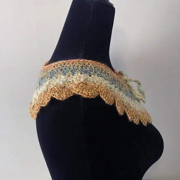 Handmade Crochet Blue Orange Gold Wool Blend Collar Neckwear Accessory - Picture 3 of 6